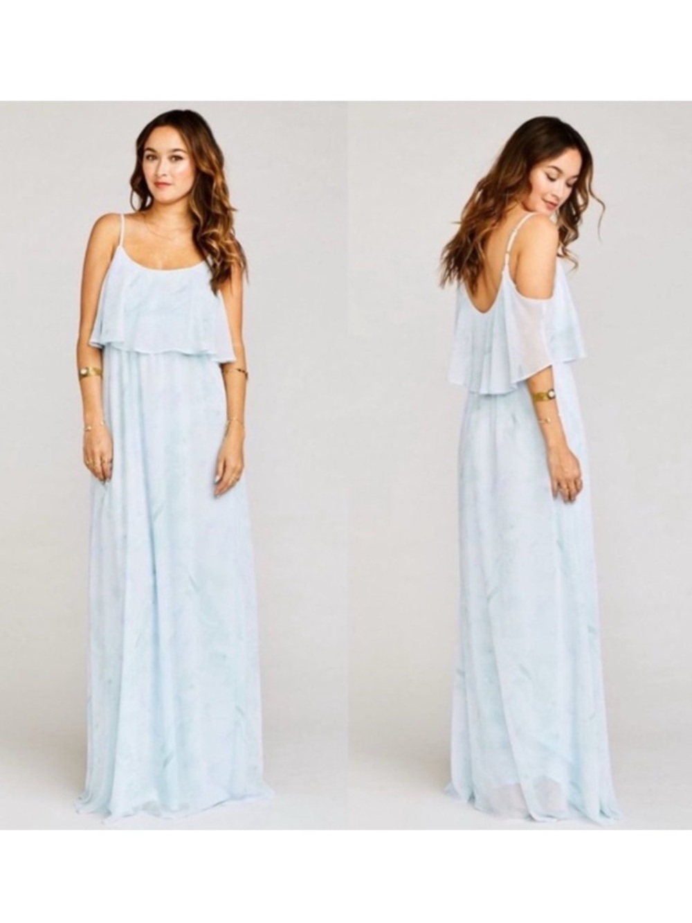 Show Me Your Mumu Caitlin Ruffle Maxi Dress Light Blue Floral Cold Shoulder M